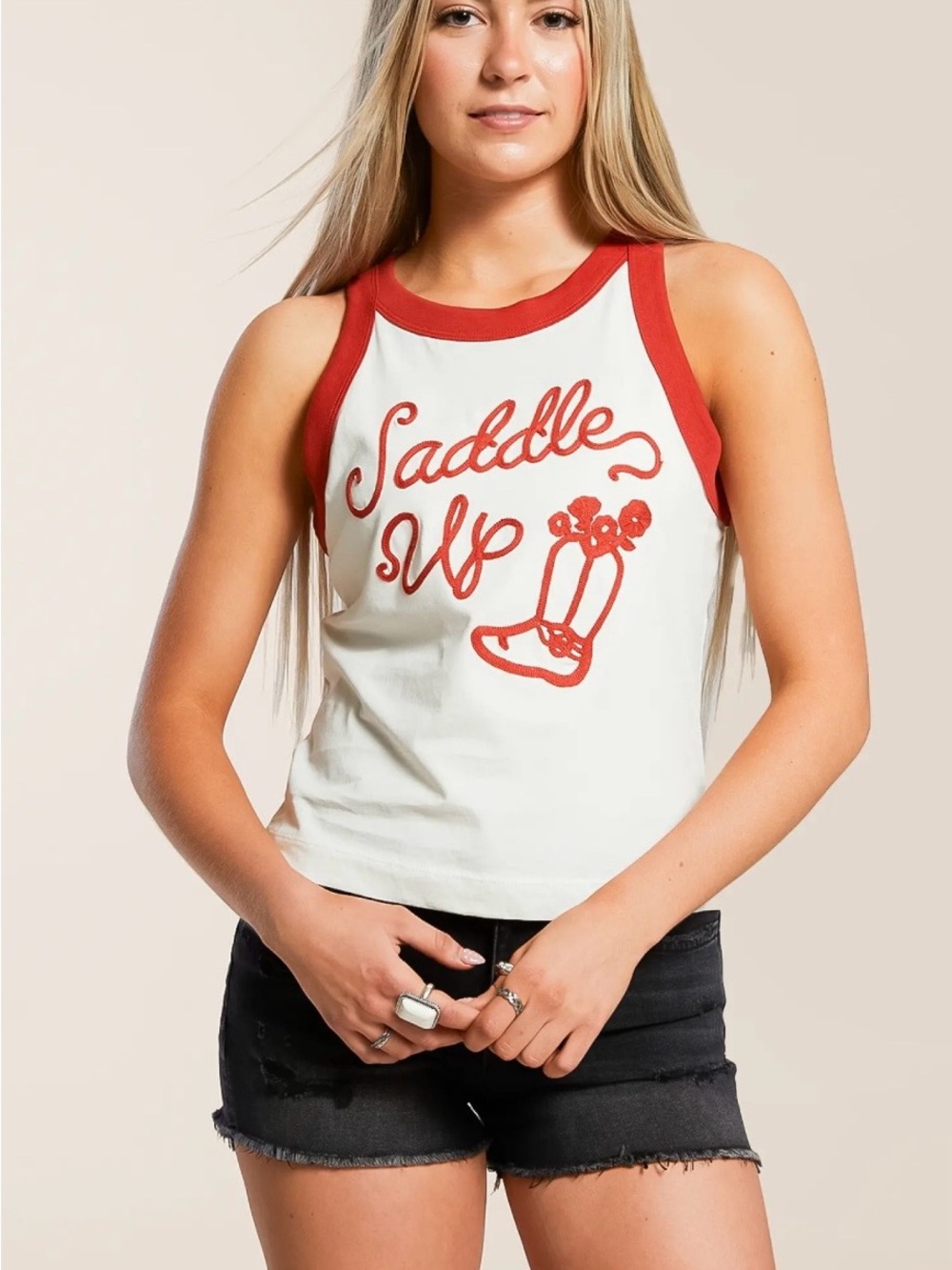 Wrangler Ringer Cream Tank Top with Red Trim ’Saddle Up' Graphic Cowgirl